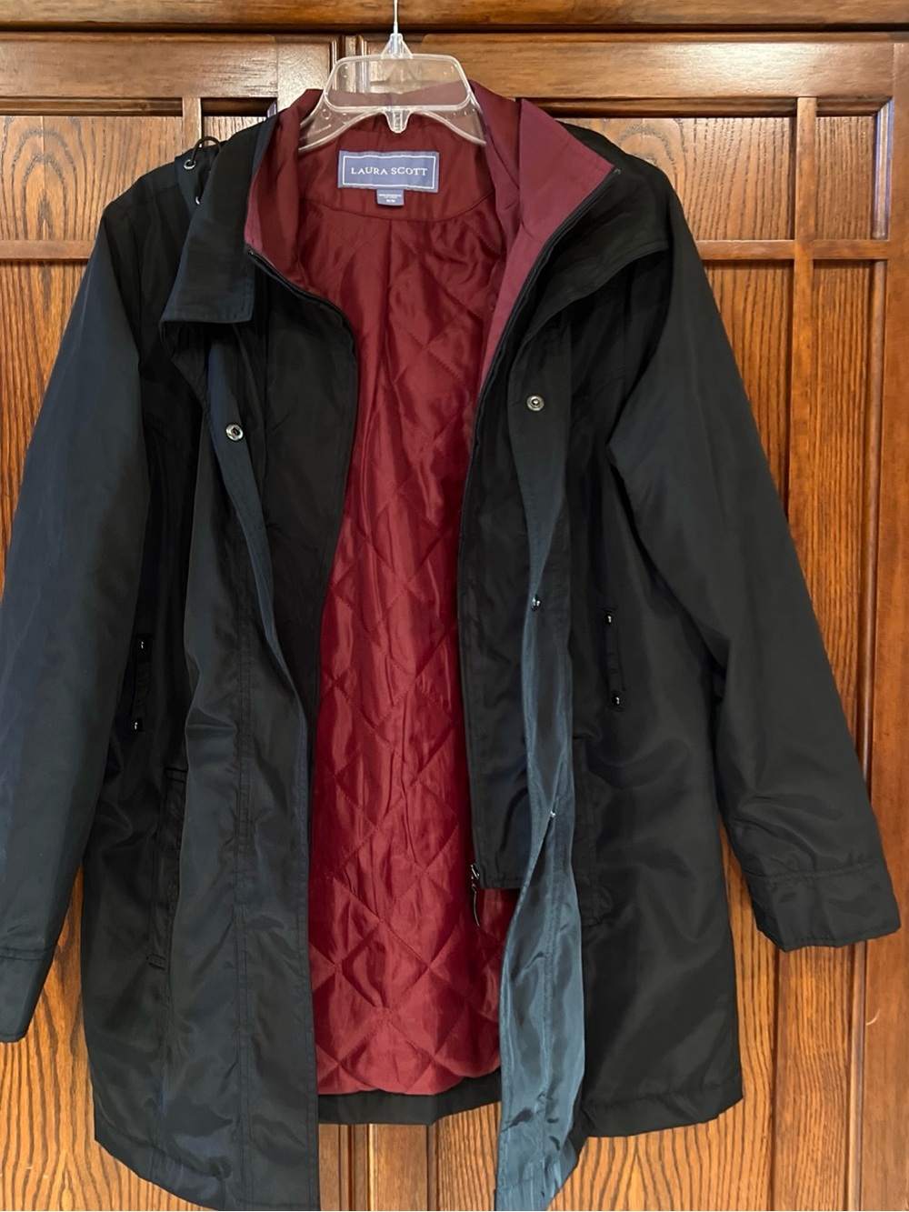Laura Scott Hooded Jacket Womens Med Black Maroon Quilted Windbreaker MINT